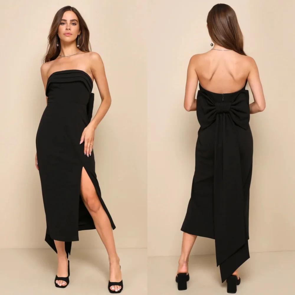 Lulus Fabulous Phenomenon Black Strapless Bow Midi Dress Wedding Party Guest